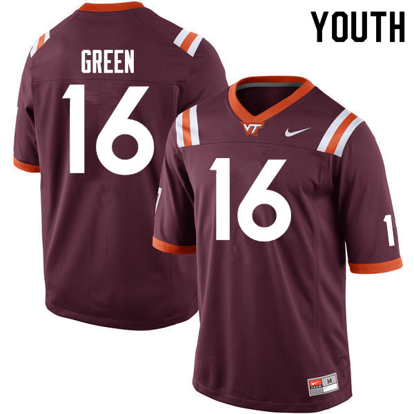 Youth #16 Hunter Green Virginia Tech Hokies College Football Jerseys Sale-Maroon